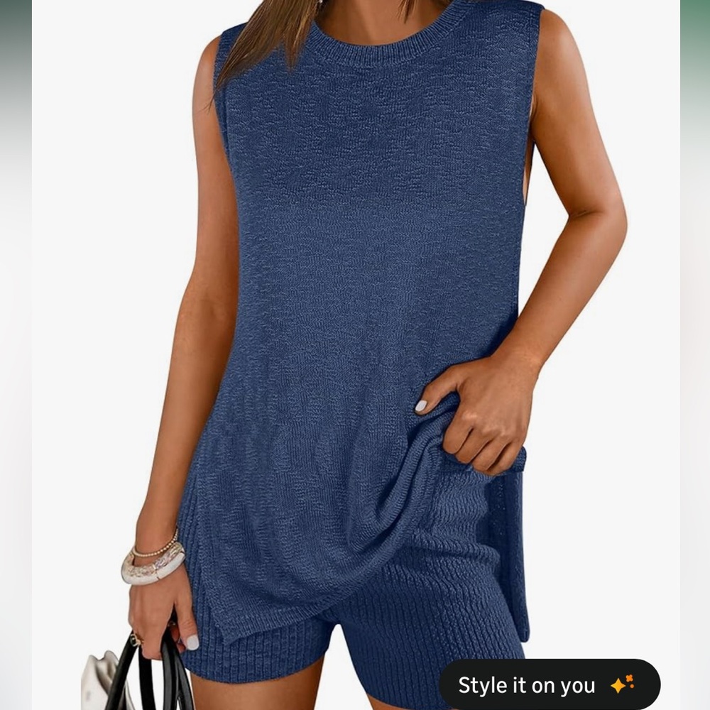 Women's Summer Sleeveless Breathable Blue Knit Top and Shorts Set
